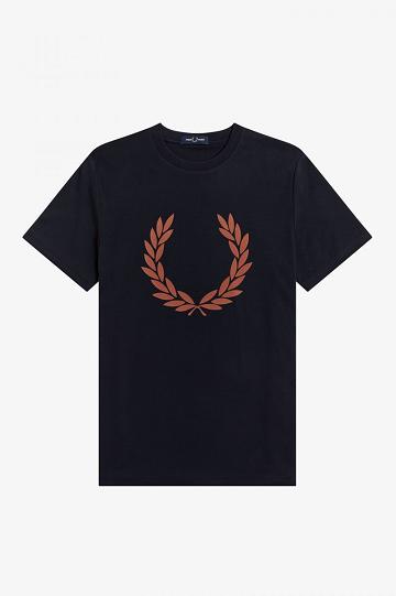 Navy Fred Perry Flock Laurel Wreath Men's T Shirts | PH 1660ZUTG